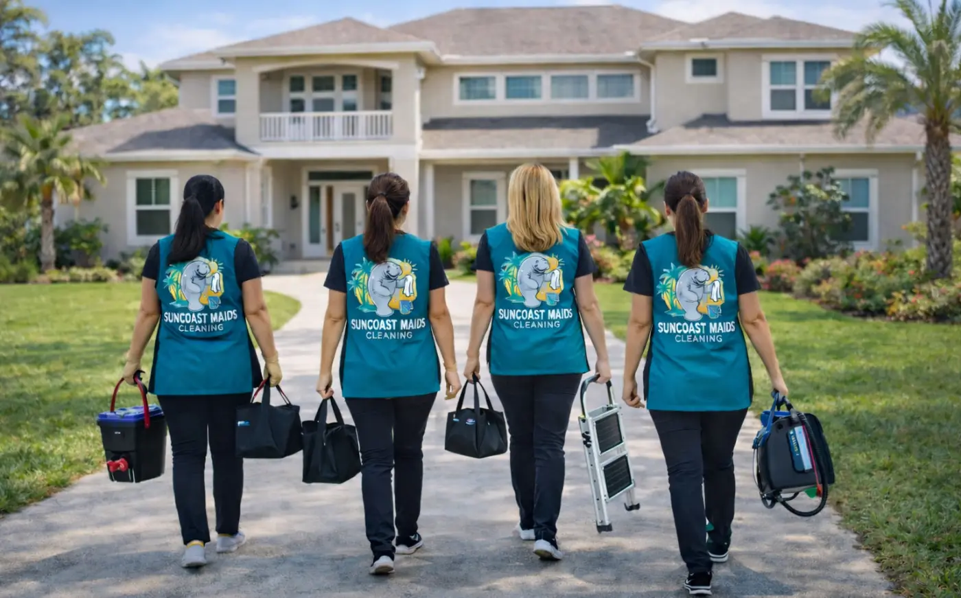 The Suncoast Maids team walking to a client's home with their cleaning supplies