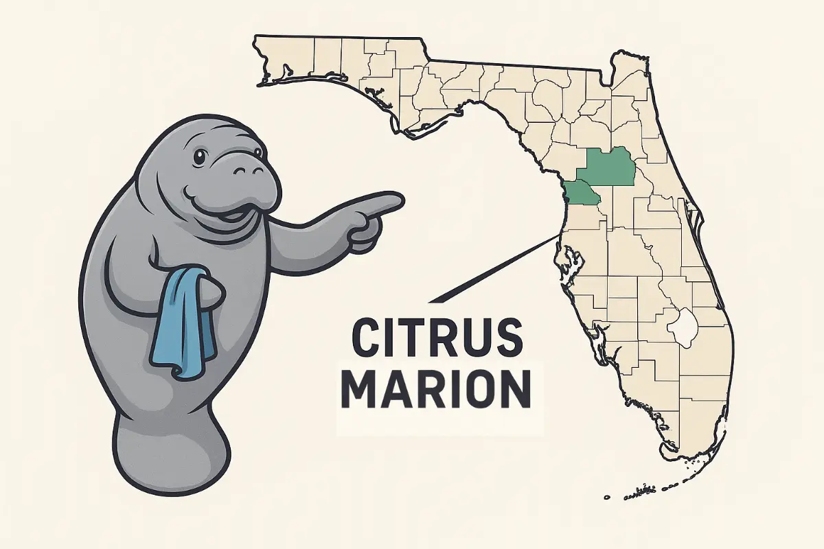 Map of Florida highlighting Citrus and Marion counties with the Suncoast Maids manatee