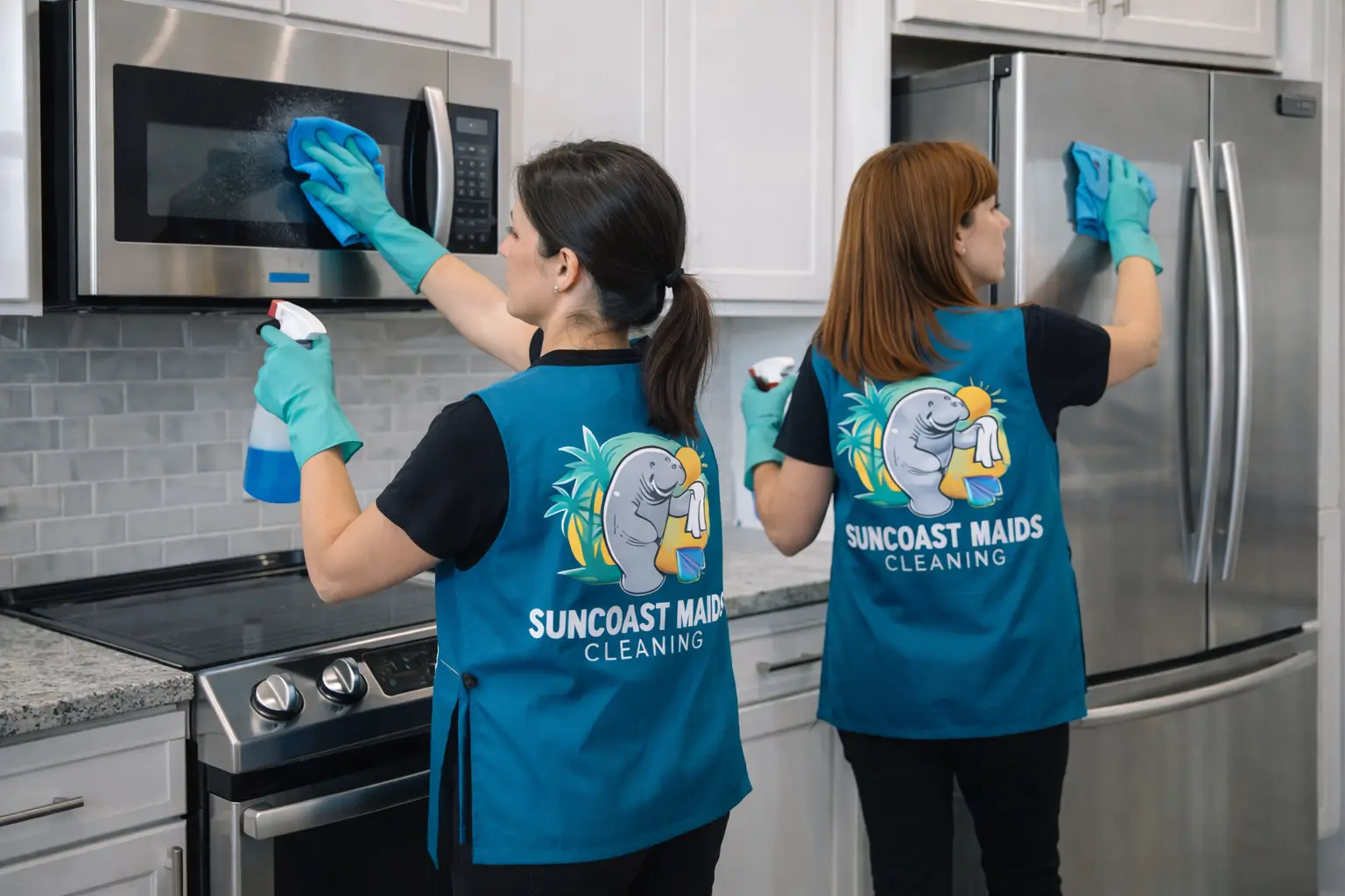 Two Suncoast Maids team members cleaning a kitchen together